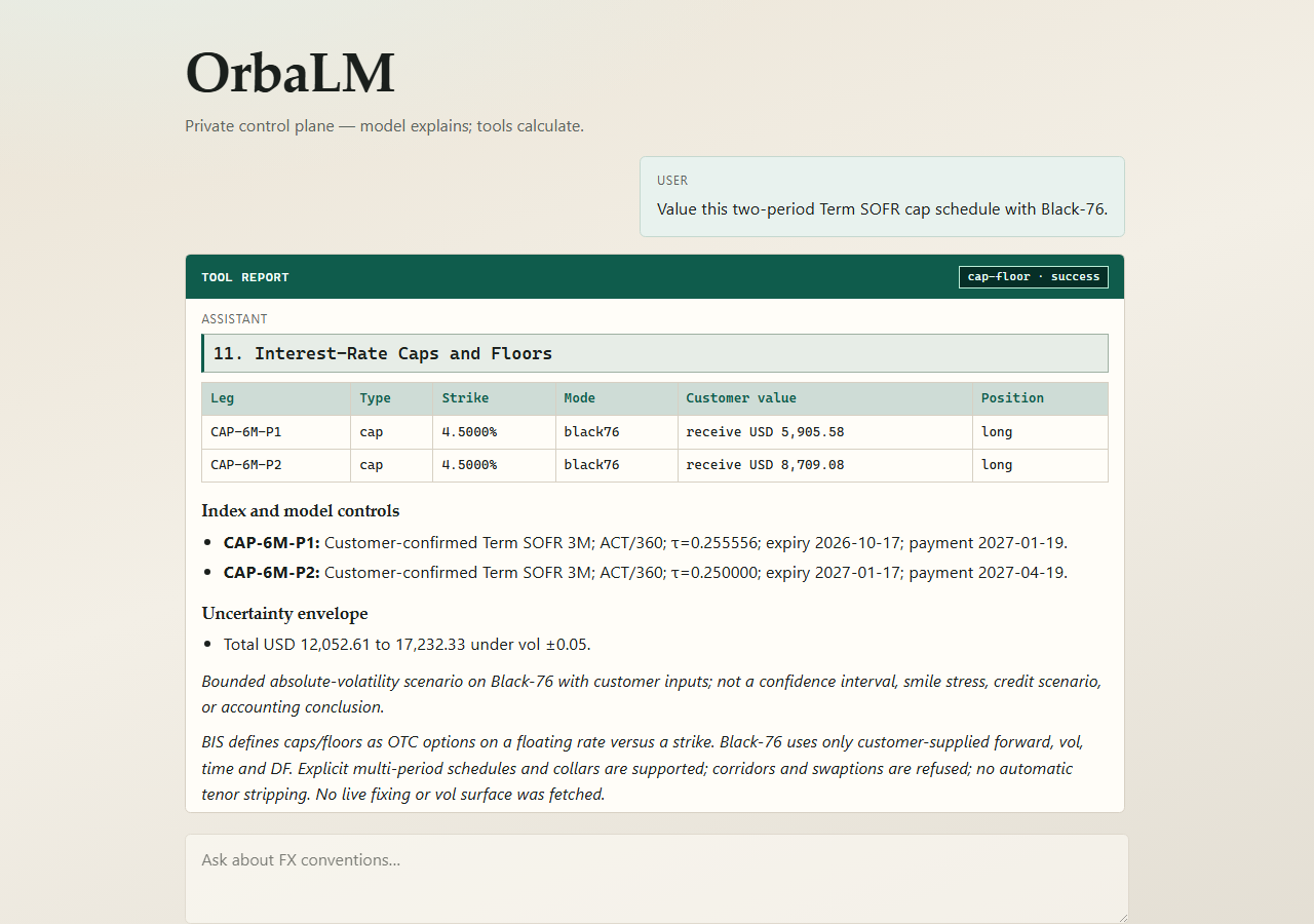 OrbaLM private chat showing a multi-period Term SOFR cap valued with Black-76