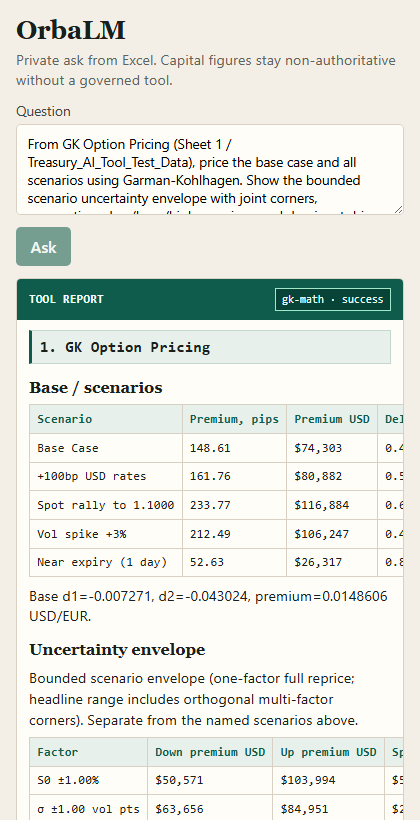 OrbaLM Excel task pane showing the same gk-math tool report and uncertainty envelope