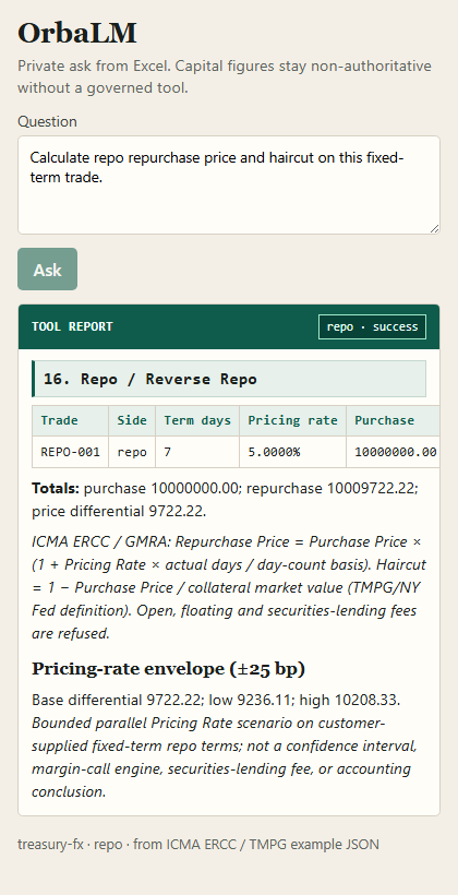 OrbaLM Excel task pane showing ICMA ERCC repo repurchase price and haircut report